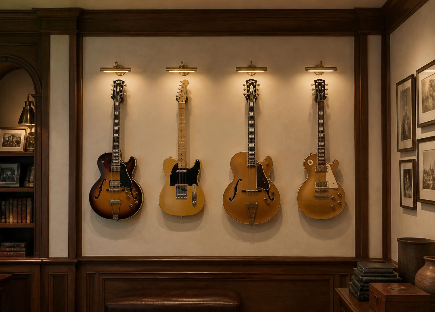 Four vintage guitars displayed on a panelled collector's wall